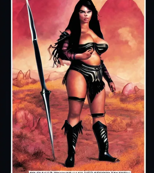 Image similar to 1 9 8 0 s fantasy novel book cover, bbw plus size amazonian miranda cosgrove in extremely tight bikini armor wielding a cartoonishly large sword, exaggerated body features, dark and smoky background, low quality print