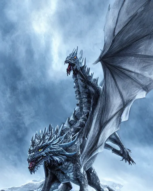 Image similar to giant ice dragon standing on a mountain, highly detailed, 4 k, hdr, award - winning, directed by zack snyder, trending on art station, matte