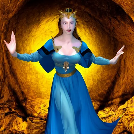 Prompt: seductive divine goddess with bright blue eyes and golden robe in a dark cave, photo 3 d,