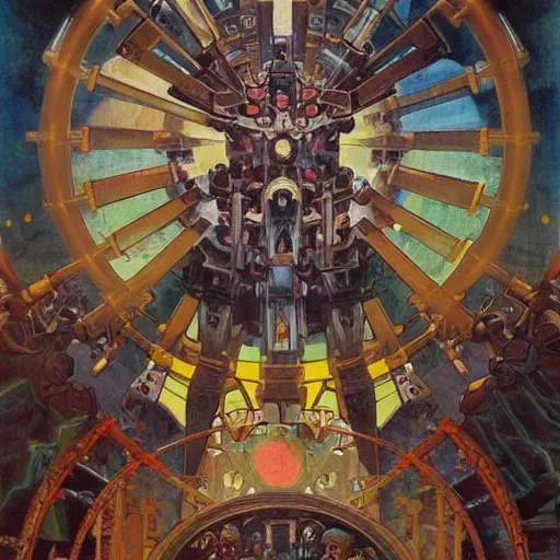 Image similar to beautifully colored detailed religious painting of occultist scientists summoning extradimensional gundam, occult giant robot power armor etched with glowing magical runes by m. c. escher, beeple, greg rutkowski and alphonse mucha. 8 k hd resolution