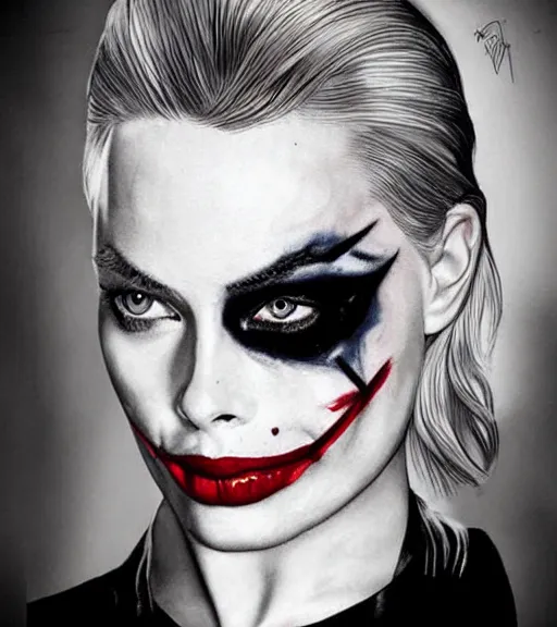 Image similar to tattoo design sketch of beautiful margot robbie portrait with joker makeup, in the style of den yakovlev, realistic face, black and white, realism tattoo, hyper realistic, highly detailed