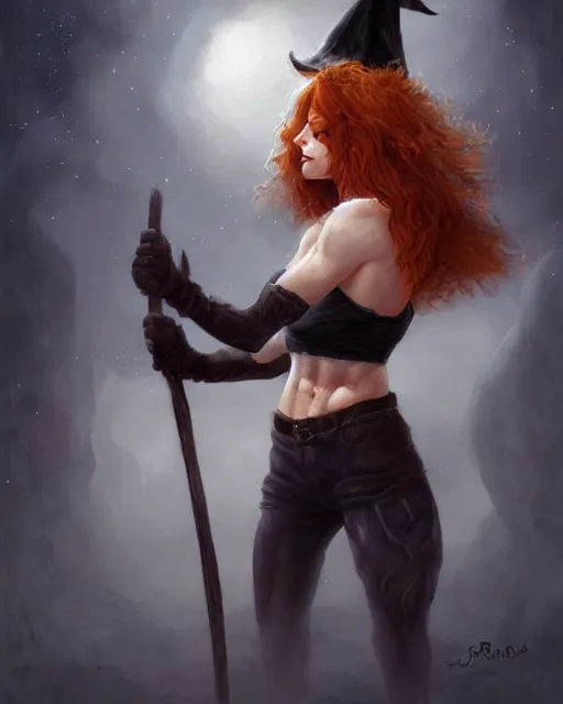 Prompt: cute muscular witch, perfect face, black pointed hat, halter top, ginger hair, abs, cinematic, freckles, stunning, adorable, athletic, strong, agile, highly detailed, psychedelic, digital painting, artstation, smooth, hard focus, illustration, art by jessica rossier and and brian froud