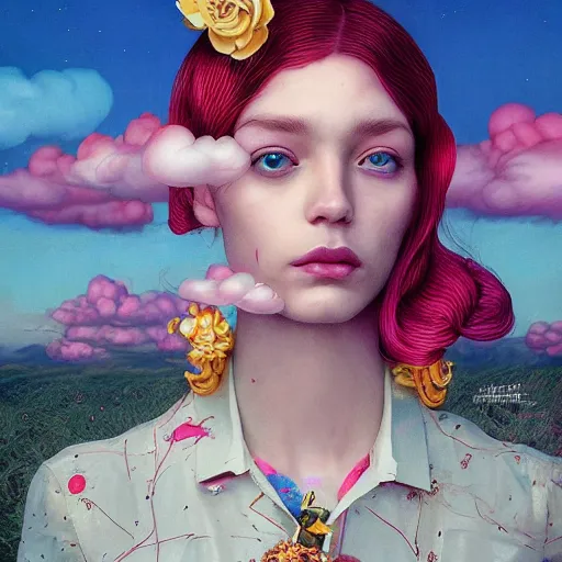 Image similar to pretty model with clouds : : by martine johanna and simon stalenhag and chie yoshii and casey weldon and wlop : : ornate, dynamic, particulate, rich colors, intricate, elegant, highly detailed, vogue, harper's bazaar art, fashion magazine, smooth, sharp focus, 8 k, octane render