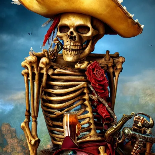 Image similar to pirate skeleton drinking beer by Annie Leibovitz M.W. Kaluta, josephine wall, green wood, nature, 8k resolution, octane render, Trending on artstation, by Justin Gerard and Haeckel. Artstation, volumetric light