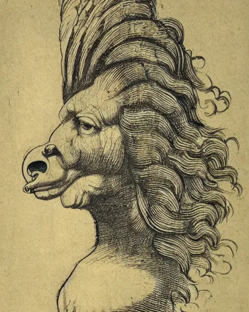 Prompt: a creature with the body and eyes of a man, beak of an eagle instead of nose, the mane of a lion, two horns of an ox on the head. drawn by leonardo da vinci