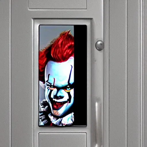 Prompt: scary pennywise on low resolution ring door camera, nightvision