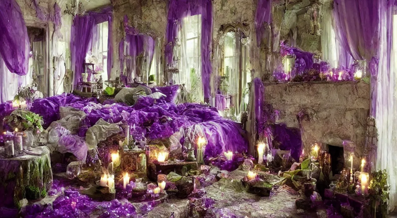 Image similar to cozy old room filled with burning purple and green crystal candles, atmospheric, hyperdetailed