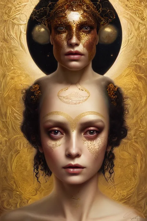 Prompt: a stunning ultra detailed fantasy fine art portrait photo of goddess with glossy gold skin, by tom bagshaw and natalie shau, 3 5 mm lens, golden ratio composition, deep depth of field, perfect eyes and face, flowery implants, flowerpunk, soft lighting, artstation, 8 k
