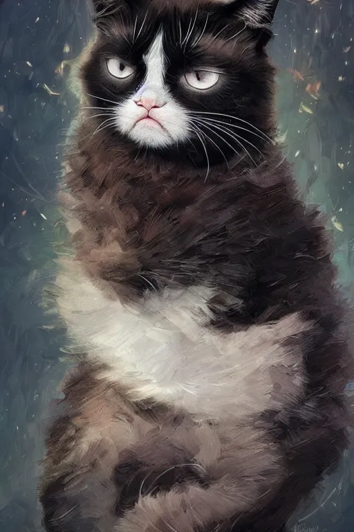 Prompt: Grumpy Cat Kitten, Black Panther, intricate, elegant, highly detailed, digital painting, artstation, concept art, smooth, sharp focus, illustration, art by artgerm and greg rutkowski and alphonse mucha