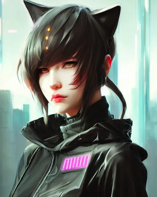 Prompt: female cat girl, wearing cyberpunk intricate streetwear, beautiful, detailed portrait, cell shaded, 4 k, concept art, by wlop, ilya kuvshinov, artgerm, krenz cushart, greg rutkowski, pixiv. cinematic dramatic atmosphere, sharp focus, volumetric lighting, cinematic lighting, studio quality