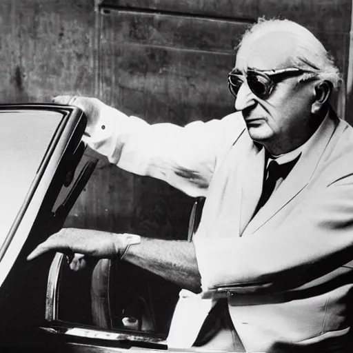 Prompt: a photograph of Enzo Ferrari painting the first ferrari yellow