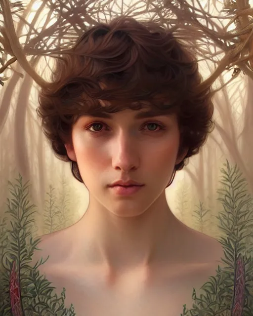 Prompt: symmetry portrait of welsh brunette princess disguised as a young man, tomboy, short hair, forest background, intricate, elegant, highly detailed, digital painting, artstation, concept art, smooth, sharp focus, illustration, art by artgerm and greg rutkowski and fra angelico and alphons mucha