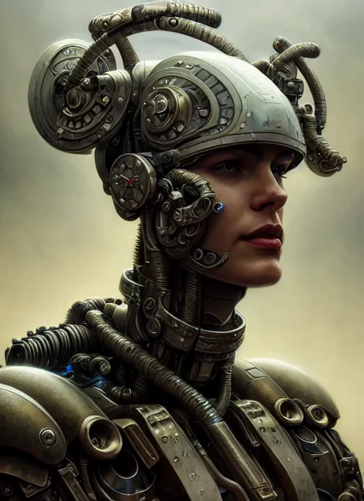 Image similar to closeup portrait shot of a cyborg soldier in a scenic dystopian environment, intricate, elegant, highly detailed, centered, digital painting, artstation, concept art, smooth, sharp focus, illustration, artgerm, tomasz alen kopera, peter mohrbacher, donato giancola, joseph christian leyendecker, wlop, boris vallejo