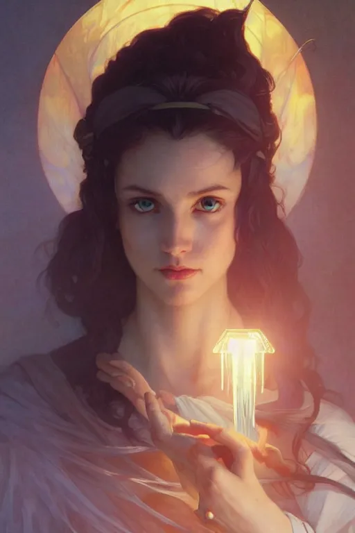 Image similar to bright cube above a portrait of a beautiful dark mystical woman, ice blue eyes, artstation, concept art, smooth, sharp focus, illustration, art by artgerm and greg rutkowski and alphonse mucha and william - adolphe bouguereau