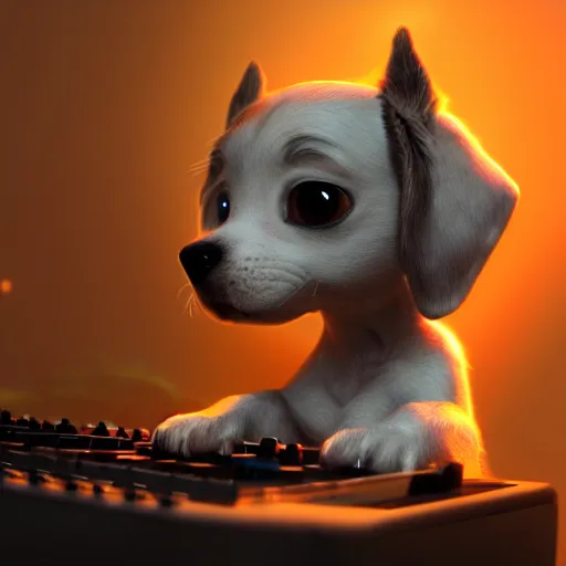 Image similar to puppy as a DJ, 8k, fantasy, intricate, cinematic lighting, highly detailed, digital painting, artstation, concept art, smooth, sharp focus, illustration, by Pixar