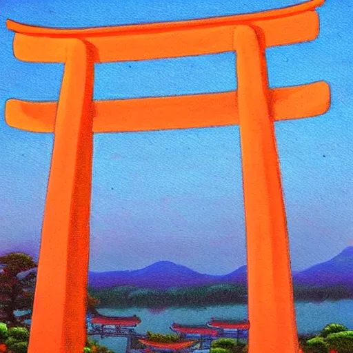 Image similar to a japanese landscape filled with torii arches, dawn, by adriane tomine