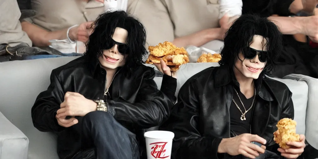 Image similar to michael jackson 2 0 0 9 wearing shades, this is it style, photo real, pores, motion blur, eating kfc on a sofa, by himself, real life, spotted, ultra realistic face, accurate, 4 k, movie still, uhd, sharp, detailed, cinematic, render, modern