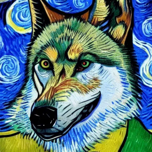 Image similar to retard wolf, van gogh, vivid colors, portrait paintin,