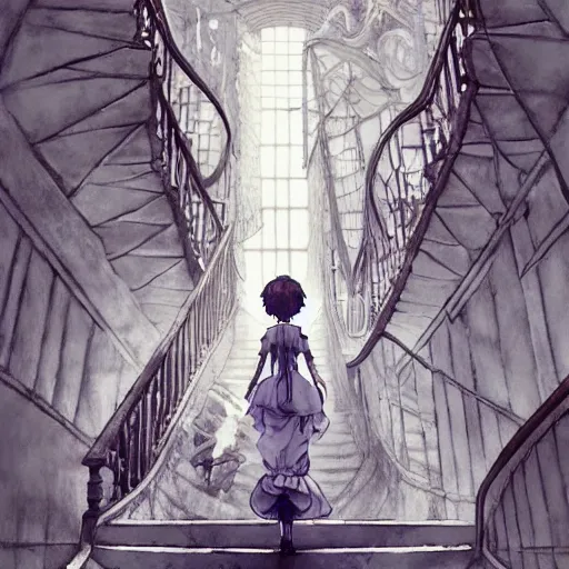 Image similar to a creepy porcelain doll - like woman walking through a bright white staircase with many doors and hallways, mc escher architecture, very detailed background, epic composition, anime key visual, anime style, by makoto shinkai