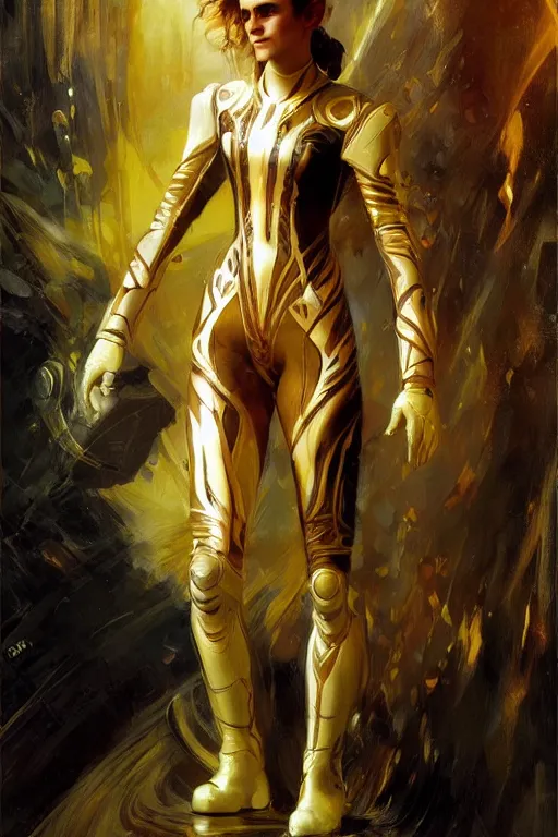 Prompt: emma watson futuristic fractal fightsuit gaston bussiere craig mullins j. c. leyendecker short wet hair