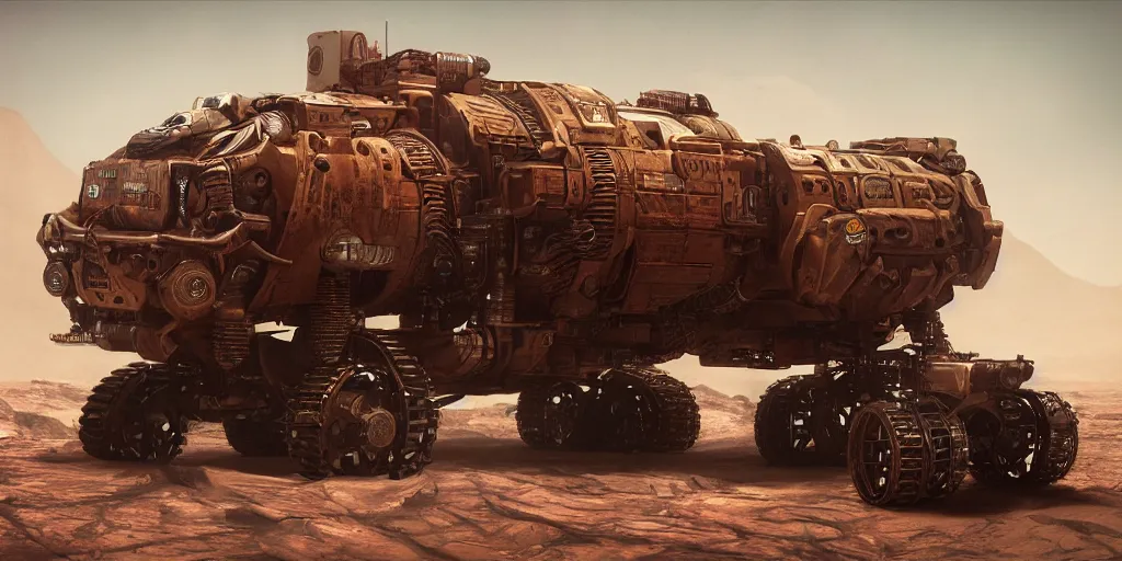 Image similar to steampunk cybertruck rolling on mars 3 d concept art, dust around, cinematic lighting, intricate details, octane rendering, trending on artstation, featured on behance