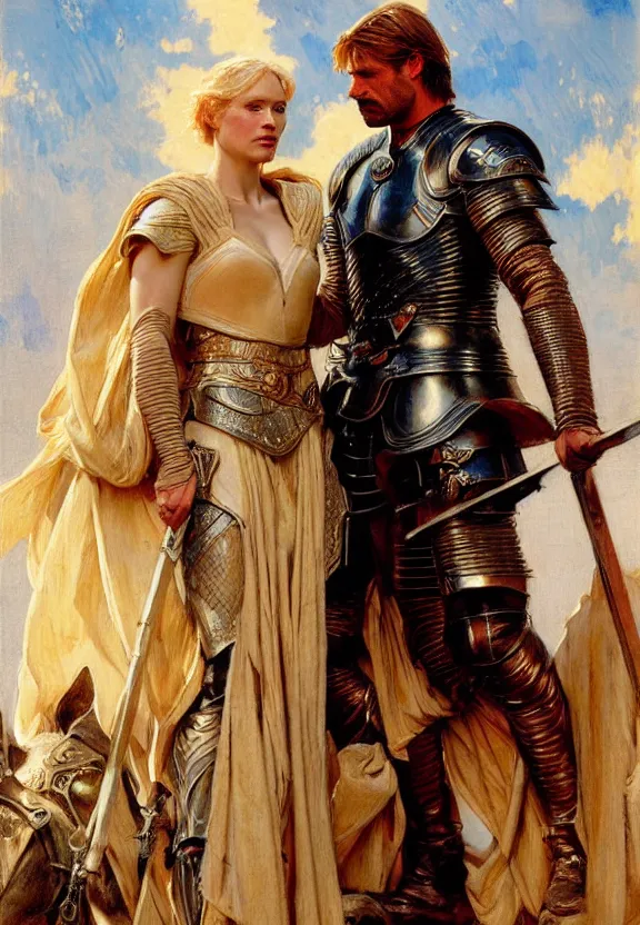 Image similar to attractive fully clothed jaime lannister confesses his love for attractive fully clothed armored brienne of tarth. highly detailed painting by gaston bussiere and j. c. leyendecker 8 k