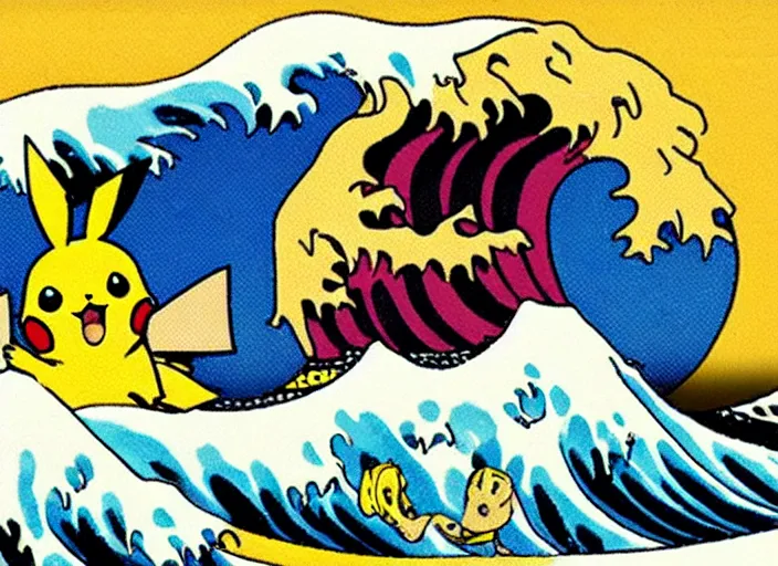 Image similar to pikachu surfing on the great wave off kanagawa