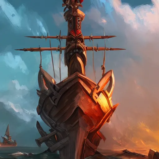 Image similar to arcane style viking battleship, viking cannons, viking spears and axes. spear and axes, sea background, bright art masterpiece artstation. 8 k, sharp high quality artwork, concept art by tooth wu, blizzard warcraft artwork, hearthstone card artwork