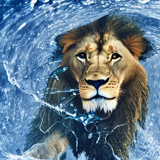 Image similar to a male lion's face breaching through a wall of water, water sprites, splashing, deep blue water color, highly detailed