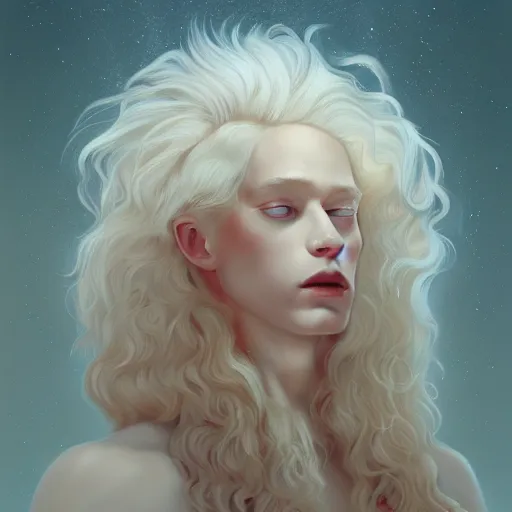 Image similar to prompt portrait of a beautiful androgynous blond man, albino pale white skin and long fluffy curly blond hair, Center parted curtain bangs, close up view, head and upper body, looking upward, fullface, light from above, by Peter Mohrbacher, trending on artstation, 8k