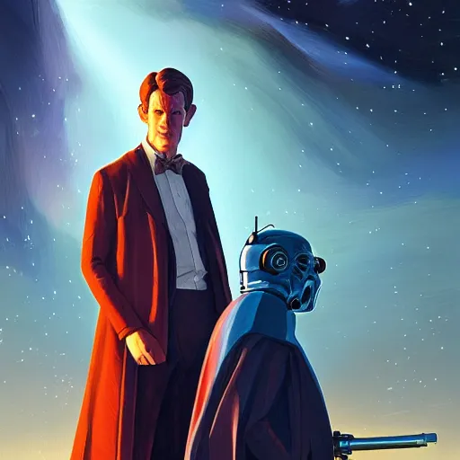 Image similar to doctor who, matt smith, star wars, brush strokes, heavy paint, portrait, rim light, fresh colors, gradients, highly detailed, digital illustration, concept art, smooth, sharp focus, pleasing aesthetics, josan gonzalez, ralph mcquarrie