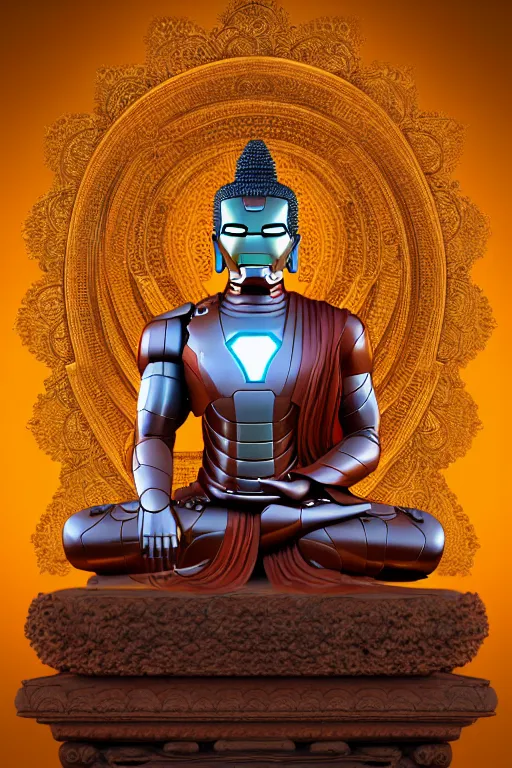 Image similar to digital masterpiece illustration concept art of porcelain statue of buddha gautama as iron man, virasana, lotus, padmasana, extremely detailed and intricate complexity, epic composition, magical atmosphere, cinematic lighting, wide long shot, trending on artstation, 8 k