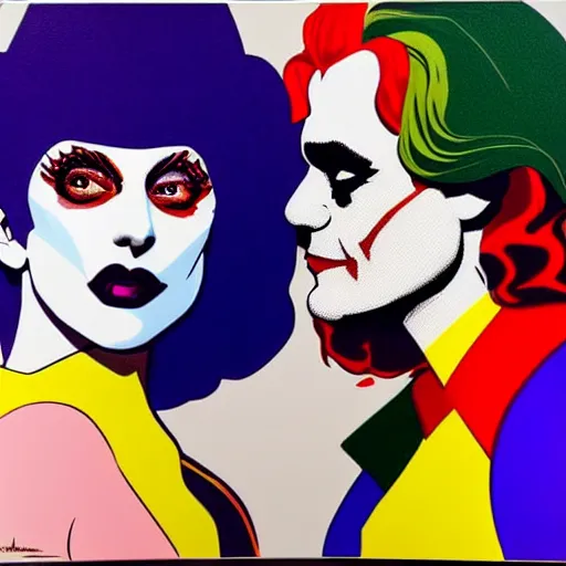 Prompt: richard hamilton and mimmo rottela as lady gaga harley queen and joaquin phoenix joker kissing, pop art, medium long shot, 2 color, random content position, object details, dynamic composition, 4 k, ultra realistic art, smooth, sharp focus, illustration, concept art, intricate details, h 7 6 8