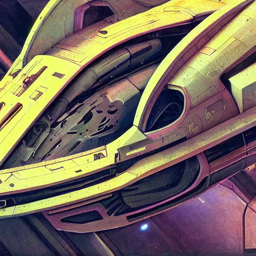 Image similar to coloured pencil of a spaceship scifi tech hardsurface shape form exploration, floral ornaments, big medium small, artstation, colored marker, paper collage, syd mead, hr giger, concept art