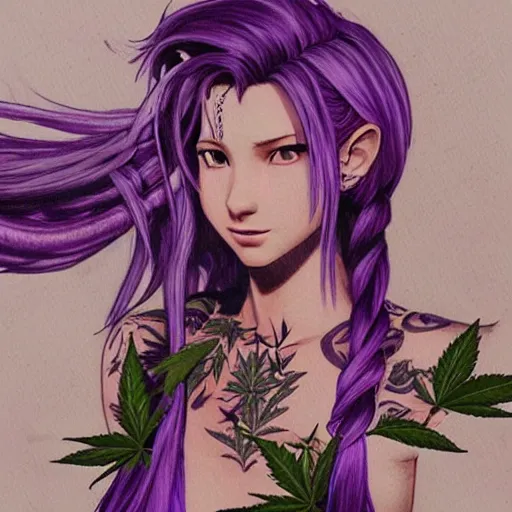 Image similar to concept art of aerith gainsborough with long purple hair, tattoos, amongst marijuana, high quality, detailed, trending on artstartion