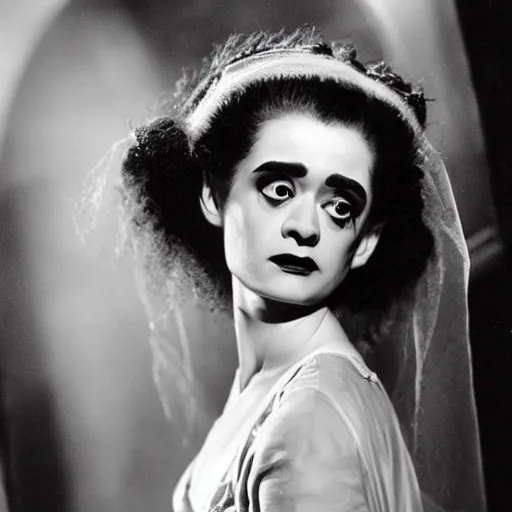 Image similar to natalia dyer as the bride of frankenstein ( 1 9 3 5 ), black and white