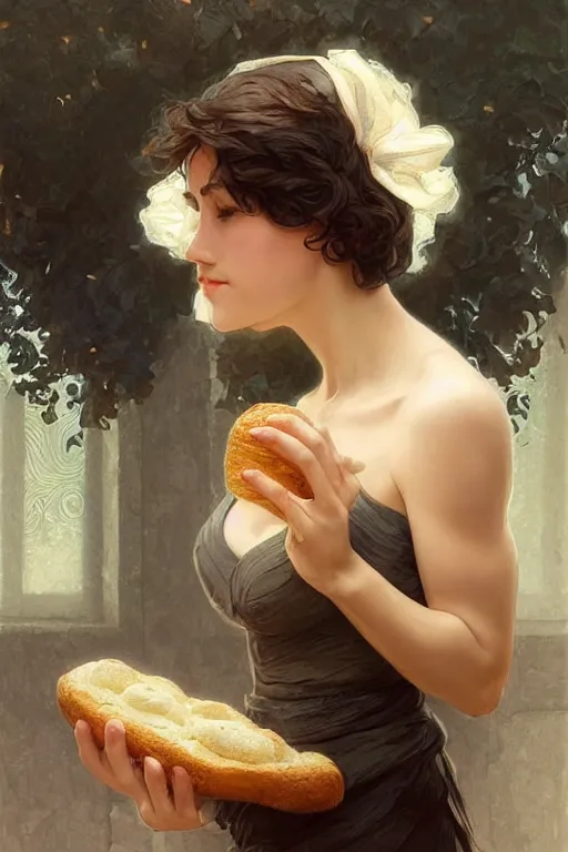 Image similar to beautiful cottagecore of a girl with short black curly hair, round face, cute face, holding a loaf of bread. intricate, elegant. highly detailed, digital painting, artstation, concept art, smooth, sharp, focus, illustration. . art by artgerm and greg rutkowski and alphonse mucha