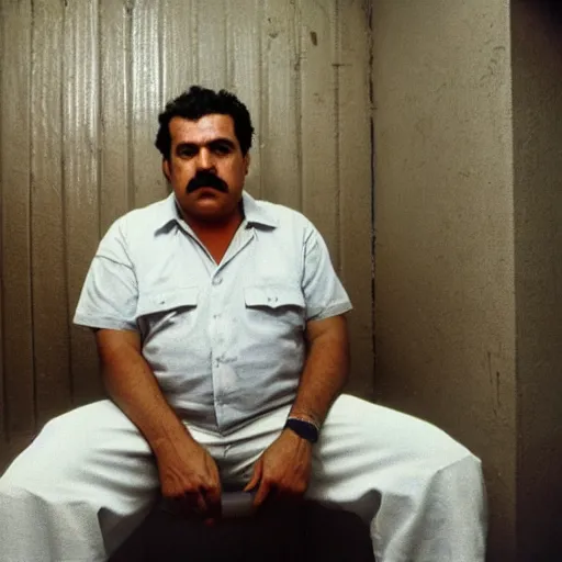 Image similar to Pablo Escobar sitting in expensive and decorated prison cell