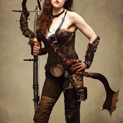 Image similar to photo of alexandra daddario as a steampunk archer, full shot,