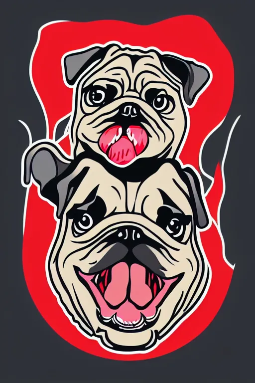 Image similar to Evil pug, sticker, blood thirsty, blood, evil, colorful, illustration, highly detailed, simple, smooth and clean vector curves, no jagged lines, vector art, smooth