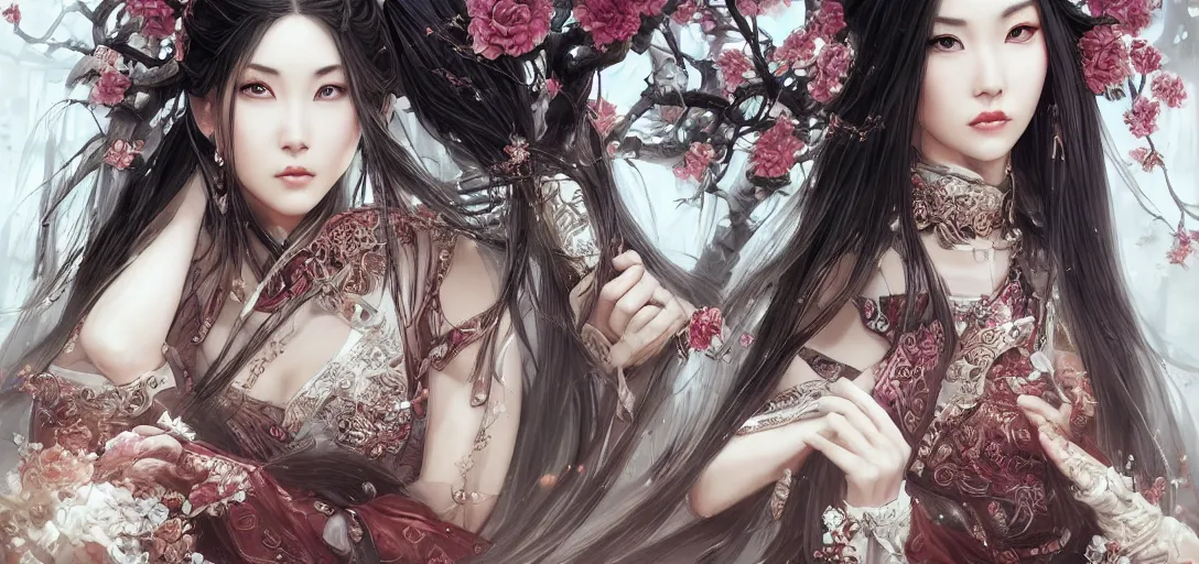 Prompt: a beautiful woman, wuxia, artgerm, elegant, chinese kingdom princess, concept art, gothic cathedral ， highly detailed, artstation, behance, deviantart, by wlop, ayami kojima, trending ，