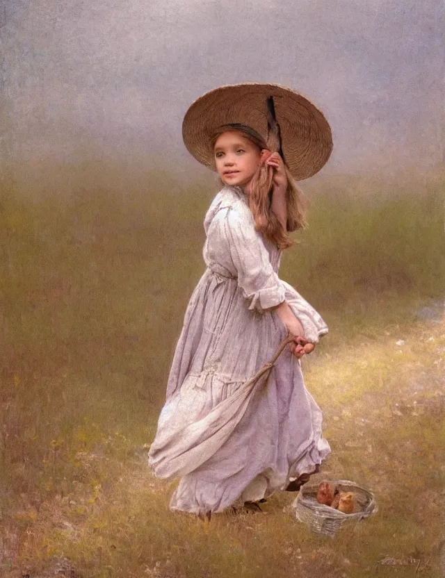 Image similar to portrait of little peasant girl setting free a bird, cottage core, cinematic focus, polaroid photo bleached vintage pastel colors high - key lighting, soft lights, foggy, by steve hanks, by lisa yuskavage, by serov valentin, by tarkovsky, 8 detailed, oil on canvas