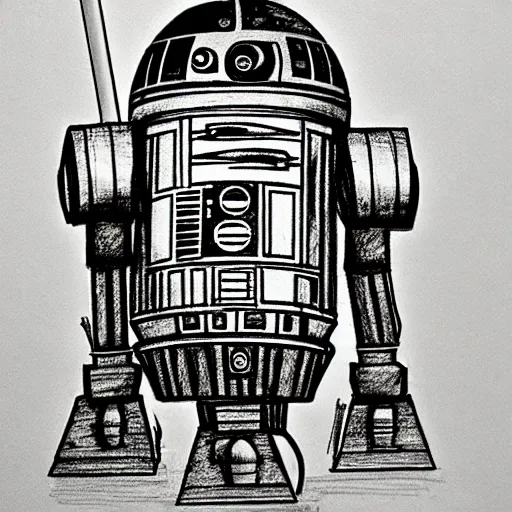 Image similar to a pencil sketch by leonardo davinci of the droid r 2 d 2, machine, sketch, da vinci, old masters, paper,