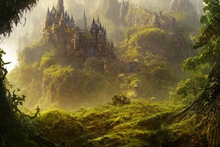 Image similar to single small fantasy castle, highly detailed, on lush green hills with a forest in the background, illustrated by Greg Rutkowski and Gaston Bussiere, 35mm lens, beautiful macro close-up imagery, lush lighting, beautiful volumetric-lighting-style atmosphere