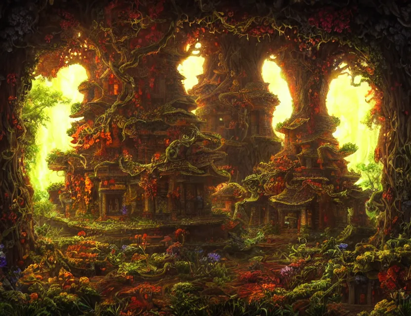 Image similar to fungus temple. oil painting by award - winning mangaka, bloom, chiaroscuro, backlighting, intricate details, depth of field.