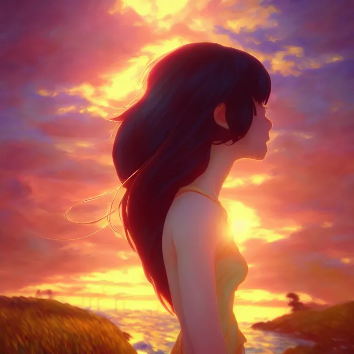 Image similar to an epic makoto shinkai and renoir surreal landscape of a woman's hair that is also a waterfall, 🌺, golden hour, ultra smooth, lois van baarle, ilya kuvshinov, unreal engine, blender, trending on artstation, suntur, caleb worcester, highly detailed, photorealism, bloom effect 8 k