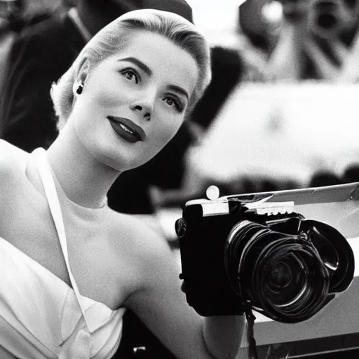 Image similar to selfie smartphone photo of a young Grace Kelly at the Monaco Gran Prix, F1 cars blurred in background, iphone photo, smartphone resolution, trending on instagram, influencer photography