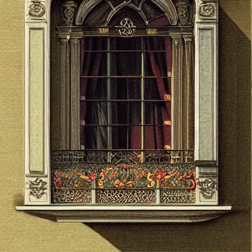 Image similar to digital illustration of a beautiful window open front view, complete window!, aesthetic, achenbach, andreas, angelico, fra, bellotto, bernardo, ornate, russian style, colorful architectural drawing, behance contest winner, vintage frame window