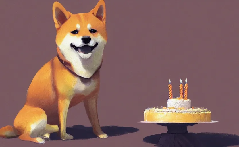 Image similar to a painting of a shiba inu eating a birthday cake trending on artstation in the style of greg rutkowski