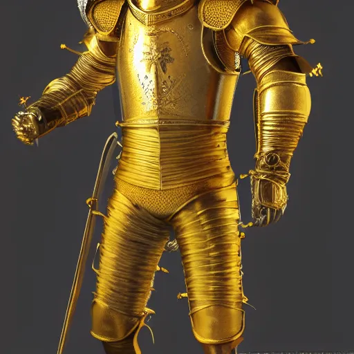 Prompt: a highly detailed full-length knight in a golden helmet and crown with a diamond in the center, golden armor, leather clothes under the armor, leather gloves, king artstation, DeviantArt, professional, octane render, blender